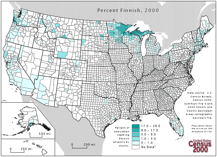 A map showing concentrations of Finnish American ethnicity in the United States. Image as based on the census 2000 by the U.S. Census Bureau.